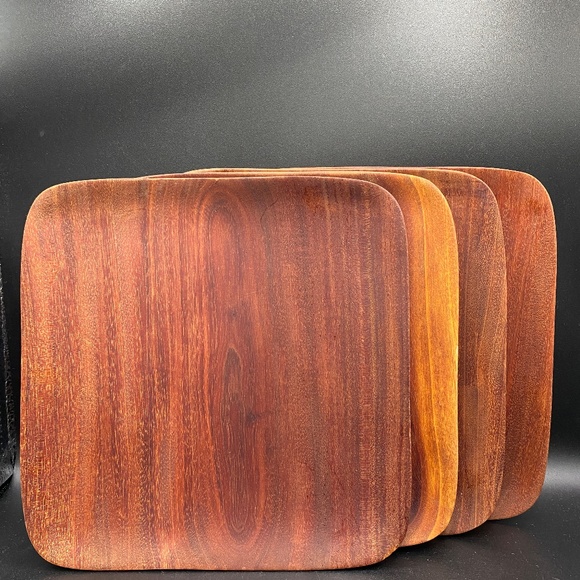 Teak plates x4 . Natural oiled finish, handcrafted, 8" square. MCM Tiki style! - Picture 3 of 6